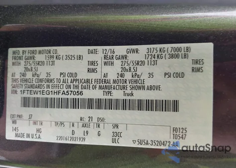 2017 Ford F-150 Lariat z USA, uszkodzony, nr VIN 1FTEW1EG1HFA57056